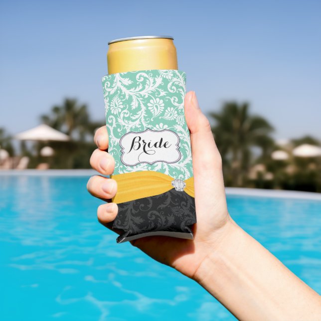 Change Mint to Any Colour Bride's Damask Pattern Seltzer Can Cooler (In Situ Pool)