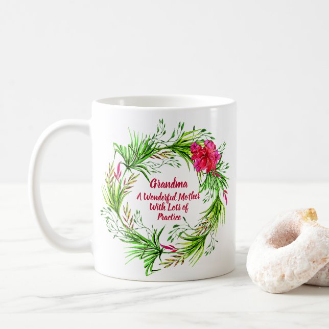 Change Name Add Text Grandma Pink Floral Boho Coffee Mug (With Donut)