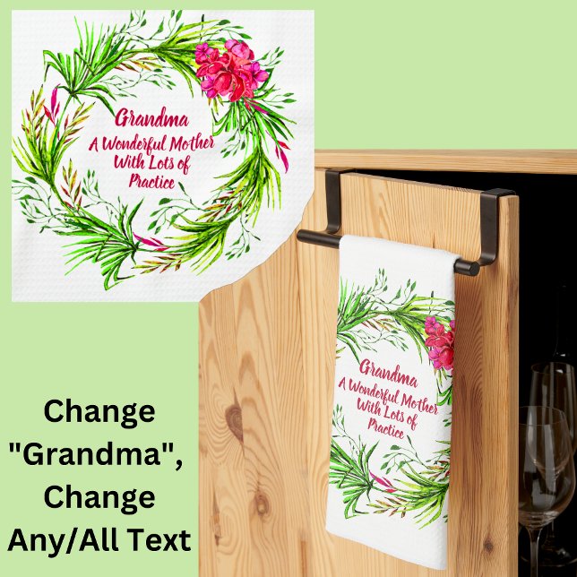 Change Name Add Text Grandma Pink Floral Boho  Tea Towel (Creator Uploaded)