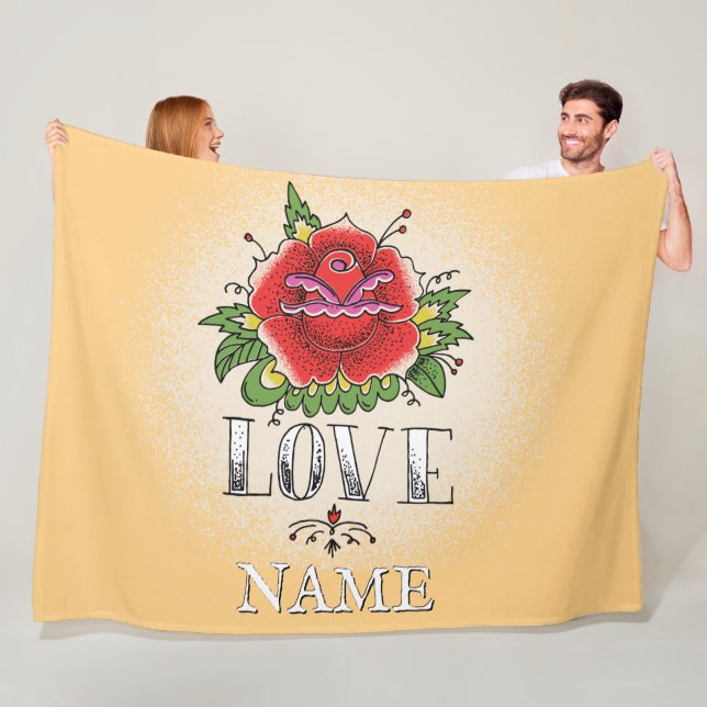 Change Name Add Text Red Rose Tattoo LOVE          Fleece Blanket (In Situ)