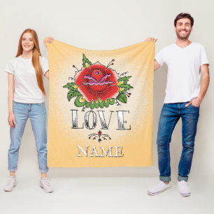 Change Name Add Text Red Rose Tattoo LOVE Fleece Blanket