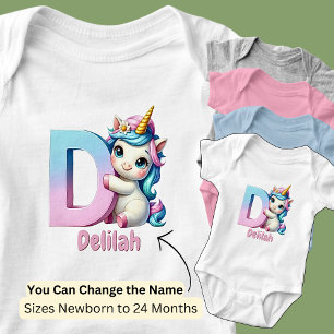 Change Name Pretty Pink Blue Cute Letter D Unicorn Baby Bodysuit