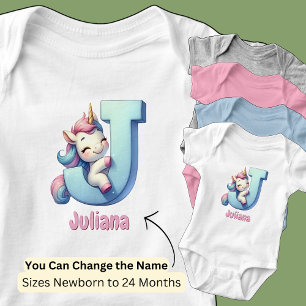 Change Name Pretty Pink Blue Cute Letter J Unicorn Baby Bodysuit