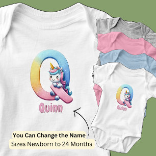 Change Name Pretty Pink Blue Cute Letter Q Unicorn Baby Bodysuit