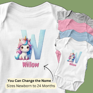 Change Name Pretty Pink Blue Cute Letter W Unicorn Baby Bodysuit