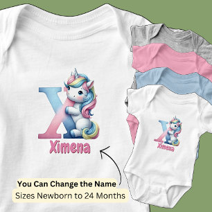 Change Name Pretty Pink Blue Cute Letter X Unicorn Baby Bodysuit