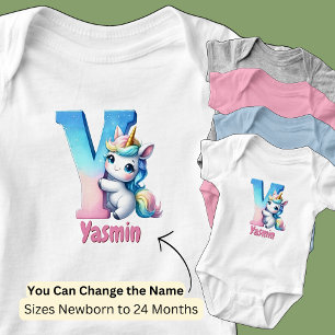 Change Name Pretty Pink Blue Cute Letter Y Unicorn Baby Bodysuit
