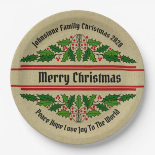 Change Name Text Christmas Holly 9" Paper Plate