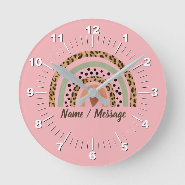 Change Name Text Leopard Spots Print Rainbow Pink  Round Clock (Front)