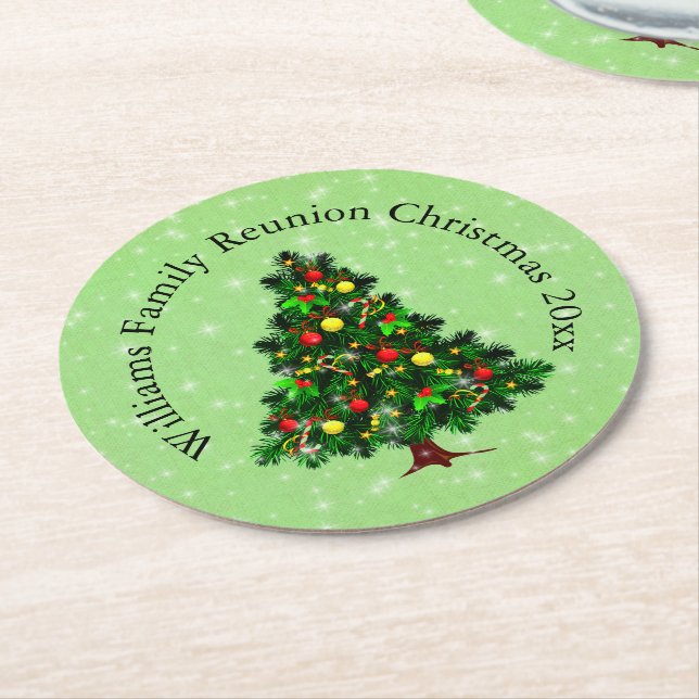 Change Name Text Matching Christmas Tree Round Paper Coaster (Angled)