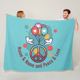 Change Name Text Peace Love Boho Hippie Doves Fleece Blanket