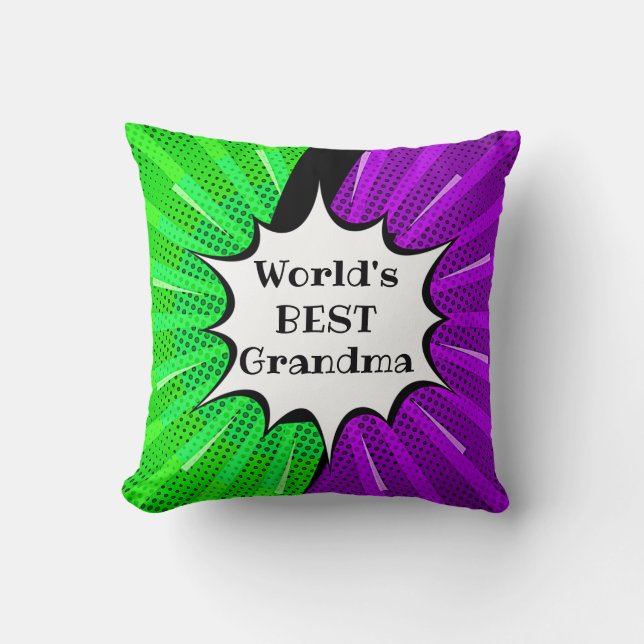 Change Name Worlds Best Grandma Green Purple Comic Cushion (Front)