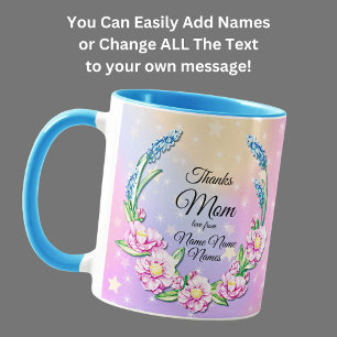 Change Names Mothers Day Pink Pastel Flowers Stars Mug