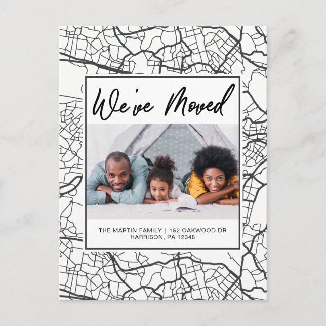 Change of Address Black and White Map Design Photo Announcement Postcard (Front)