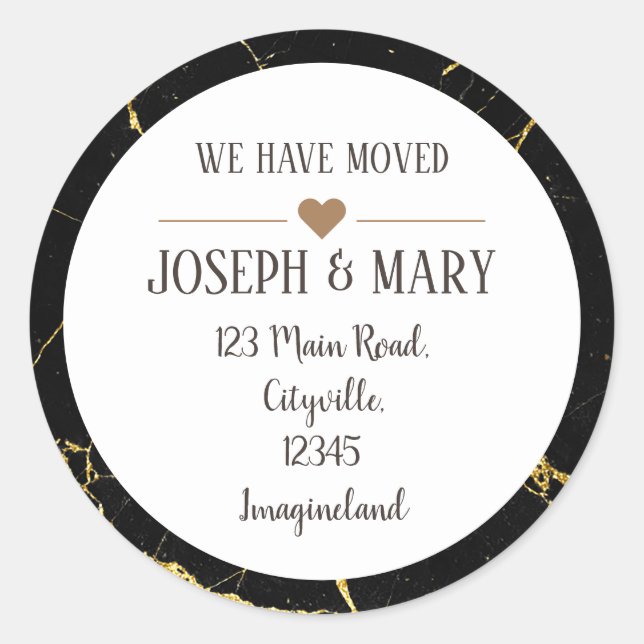 Change of address black gold marble elegant modern classic round sticker (Front)