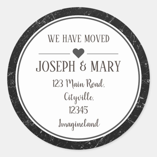 Change of address black marble classic round sticker (Front)