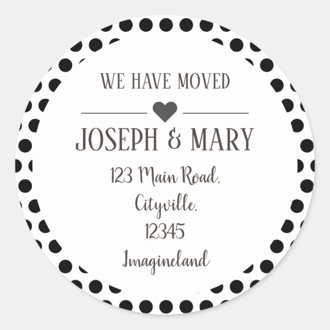 Change of address black polka dots classic round sticker (Front)