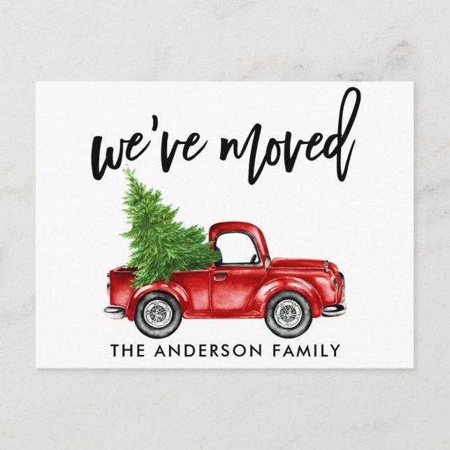 Change of Address Brush Script Red Truck Tree Postcard (Front)
