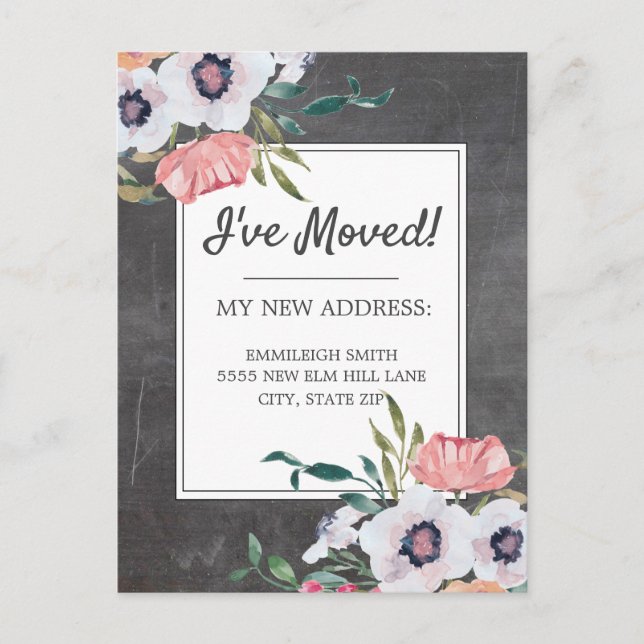 Change of Address Chalkboard Pink White Floral Postcard (Front)