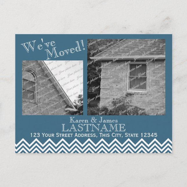 Change of Address Chevron Pattern with Photo Blue Announcement Postcard (Front)