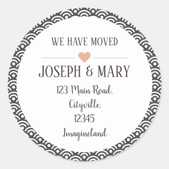 Change of address grey modern pattern classic round sticker (Front)