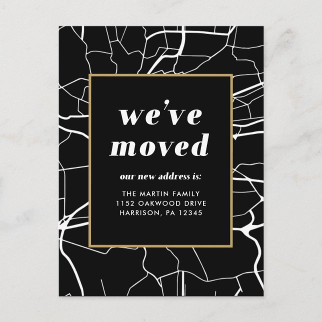 Change of Address Map Design Black and White Announcement Postcard (Front)