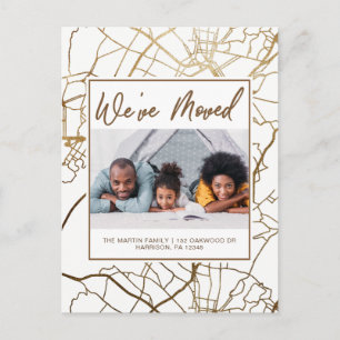 Change of Address Map Design Faux Gold Photo Announcement Postcard