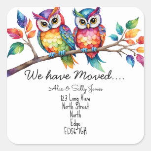 Change of address owls on a branch square sticker