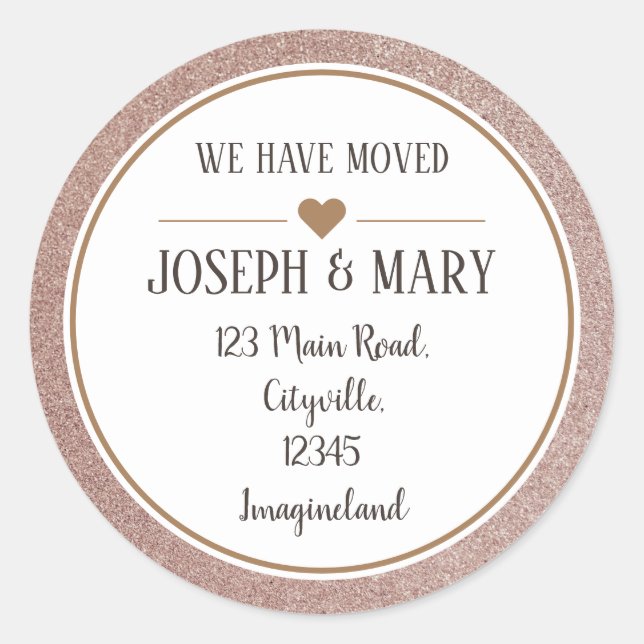 Change of address rose gold glitter  modern classic round sticker (Front)