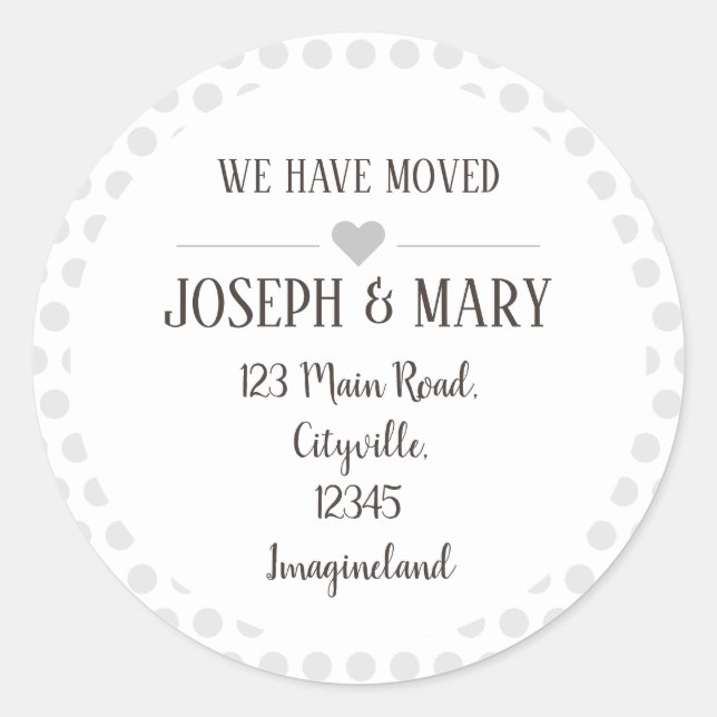 Change of address silver grey polka dots classic round sticker (Front)