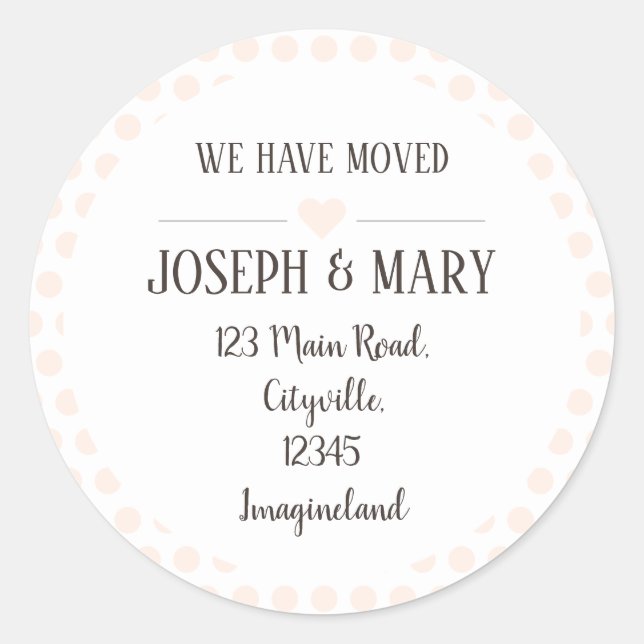 Change of address silver peach polka dots classic round sticker (Front)