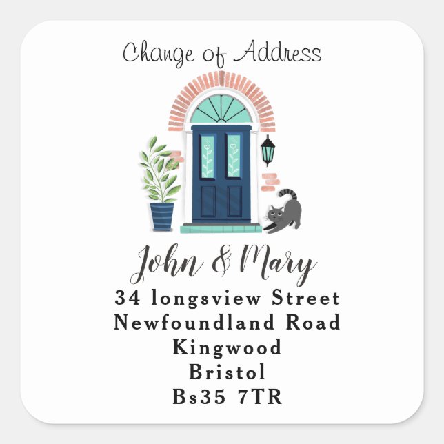 Change of Address sticker Blue front door & Cat (Front)