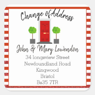 Change of Address sticker front door red glitter