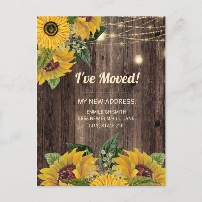 Change of Address Sunflowers String Lights Rustic Postcard (Front)