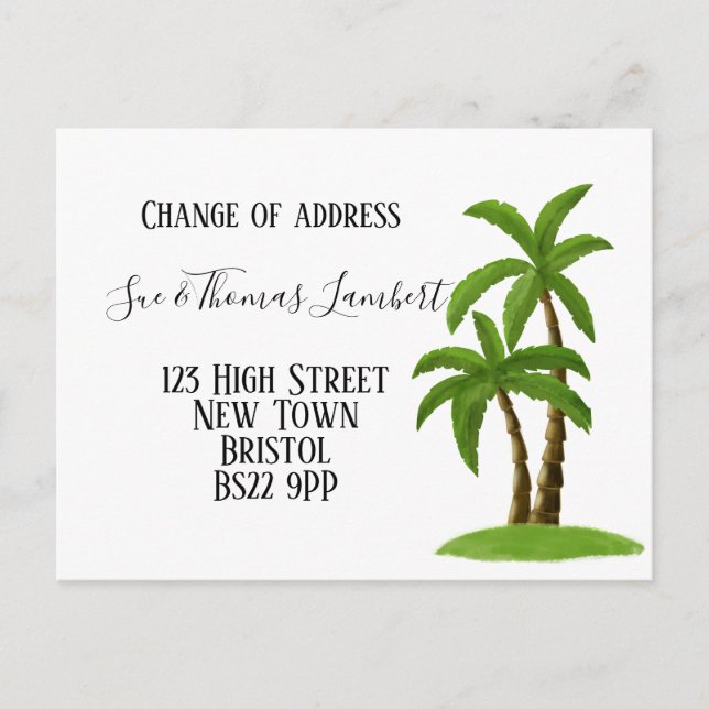 Change of address tropical, palm tree, beach announcement postcard (Front)