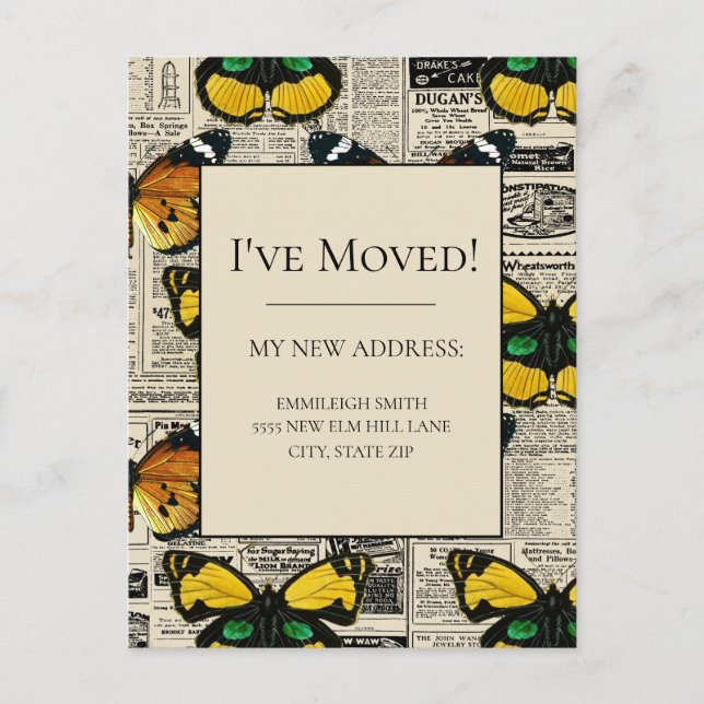 Change of Address Vintage Butterflies Newspaper Postcard (Front)