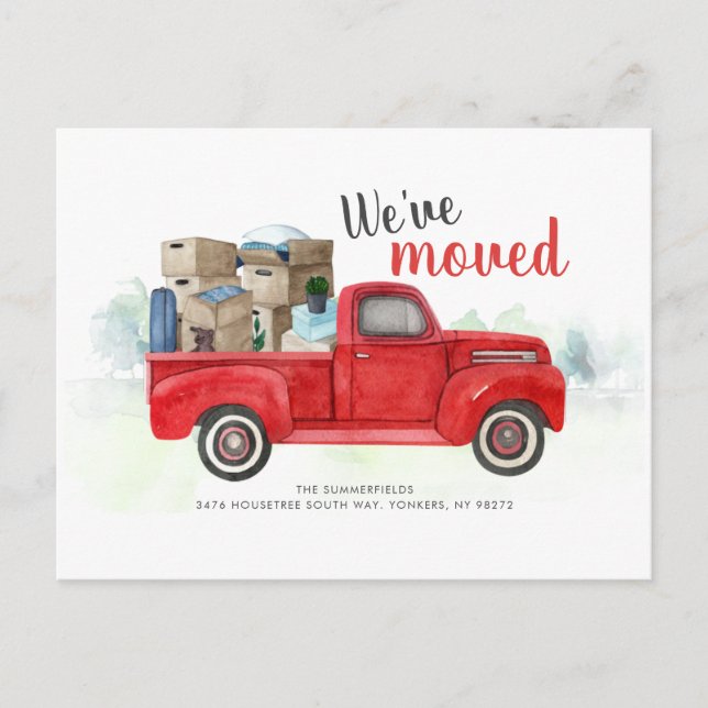 Change of Address Watercolor Red Truck Moving Announcement Postcard (Front)