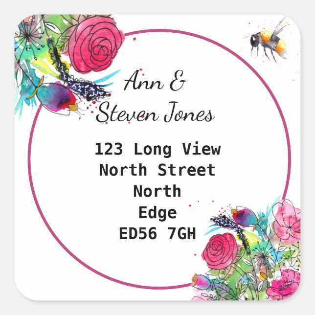 Change of address watercolour effect floral square square sticker (Front)
