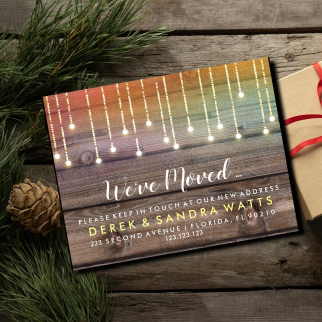 Change of address we've moved house wood, lights announcement postcard (Creator Uploaded)