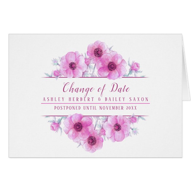 Change of date anemone pink wedding postponed card (Front Horizontal)