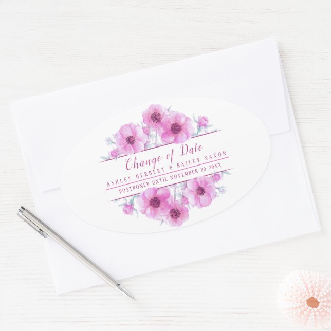 Change of date anemone pink wedding postponed card oval sticker (Envelope)