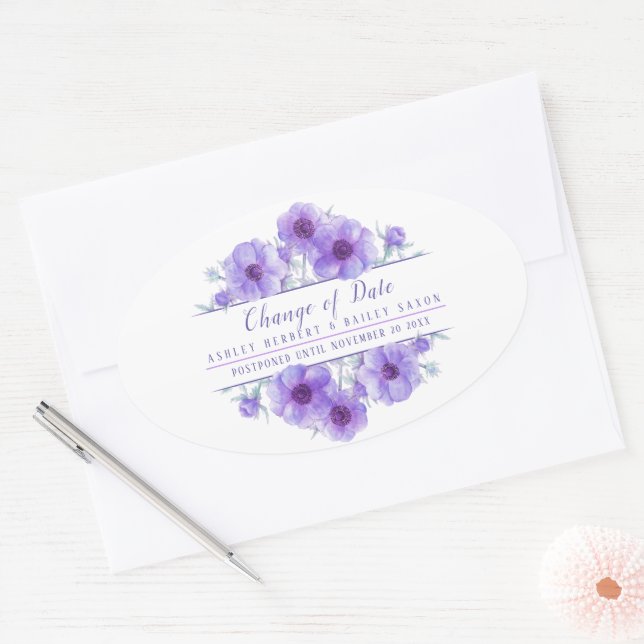 Change of date anemone purple wedding postponed oval sticker (Envelope)