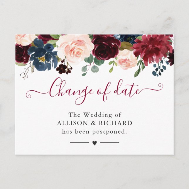 Change of Date Burgundy Blush Navy Floral New Plan Postcard (Front)