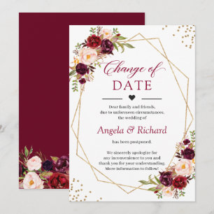 Change of Date Burgundy Red Floral Gold Geometric Invitation