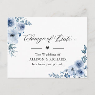 Change of Date Elegant New Plan Dusty Blue Flowers Postcard