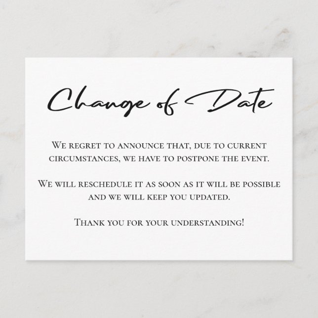 Change of date elegant postponement announcement postcard (Front)