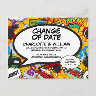 Change of Date Fun Postponed Modern Comic Book Postcard