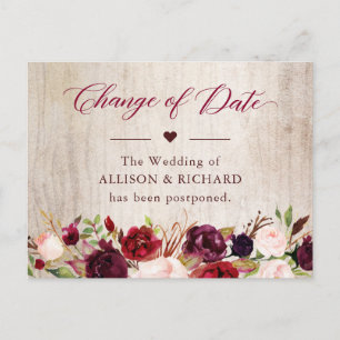 Change of Date Rustic Wood Burgundy Red Floral Postcard