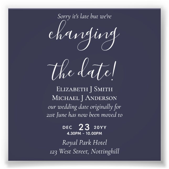 Change of Date Wedding Postponement Photo Invite Print (Front)