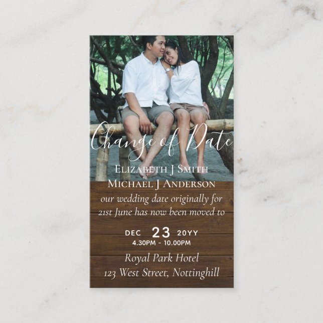 Change of Date Wedding Postponement Photo Rustic Advice Card (Front)